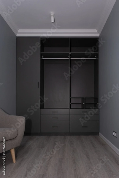 Fototapeta Apartment interior with modern design. Part of room interior, closet with empty shelves