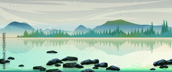 Fototapeta Landscape panorama with forest, mountains  lake with reflection, fog and  stones  at sunrise.  Silence, calm.