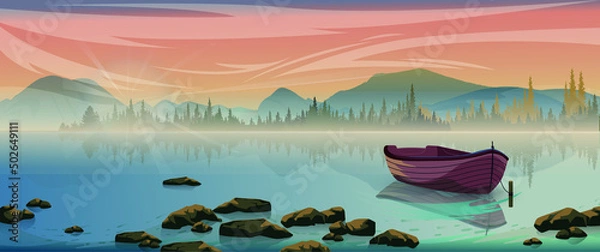 Fototapeta Small boat and  beautiful mountain lake in national park in the summer. 