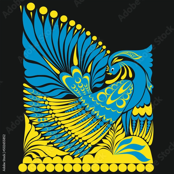 Obraz vector ornament. folklore ornament withe bird blue yellow