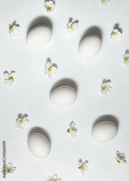 Fototapeta White spring flowers and eggs on white background. Minimalistic Easter concept. Creative holiday inspiration.