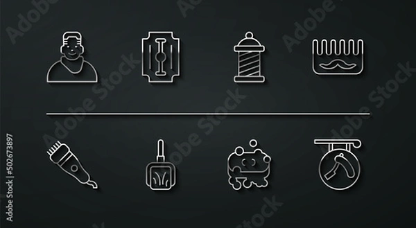 Fototapeta Set line Client in barbershop, Electrical hair clipper, Hairbrush, Bar of soap with foam, Dustpan, Blade razor, Barbershop and pole icon. Vector