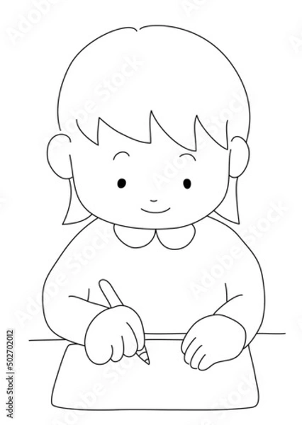 Fototapeta 正しい姿勢で机に向かい鉛筆で字を書く女の子（モノクロ・白黒・線画のみ）
