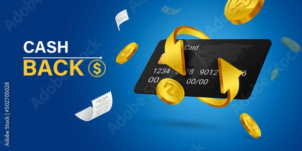 Obraz Cash back, money saving vector concept with dollar coins, wallet, arrows, credit card.Guarantee bonus program finance sticker. Online shopping, cash back sale offer emblem,Cash back service, financial
