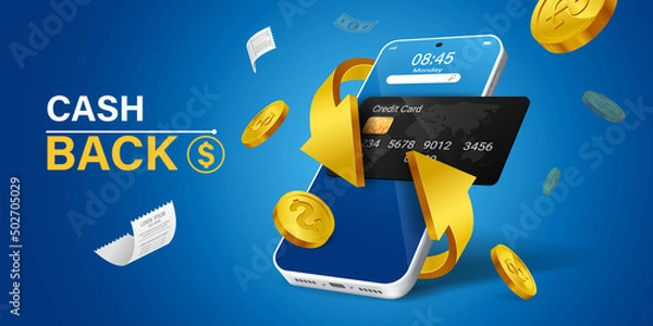 Obraz Mobile cash back service, financial payment Smartphone mobile screen, technology mobile display light. Vector illustration.Cash back, money saving vector concept with dollar coins, wallet, arrows.