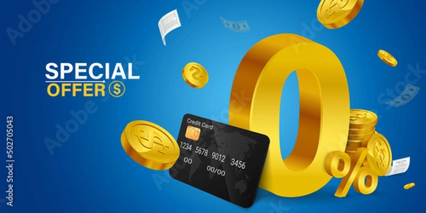 Obraz Golden zero percent or 0 % special Offer.Special 0% offer with credit card in front. all on a blue background.
Special offers, discounts on payments with coins floating around.