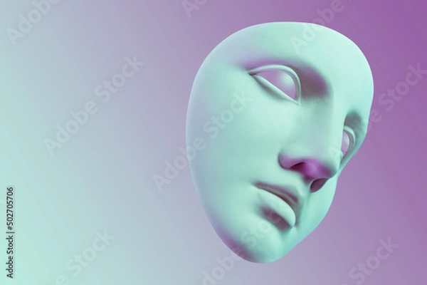 Obraz Collage with antique sculpture of mask human face in pop art style. Modern creative concept image with ancient statue head. Zine culture. Contemporary art poster. Funky punk minimalism. Unusual design