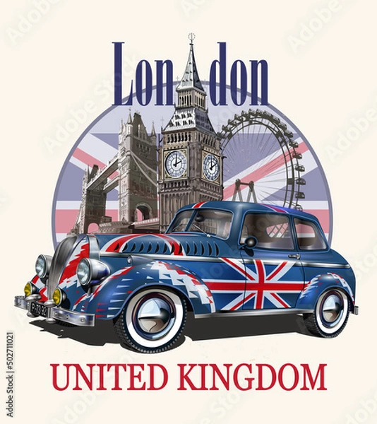 Fototapeta London vintage poster with Big Ben and retro car painted up as British flags.
