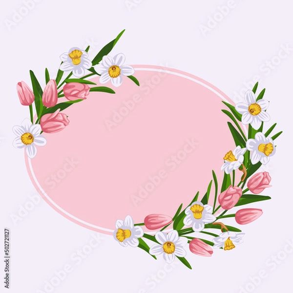 Obraz Postcard with flowers daffodils and pink tulips