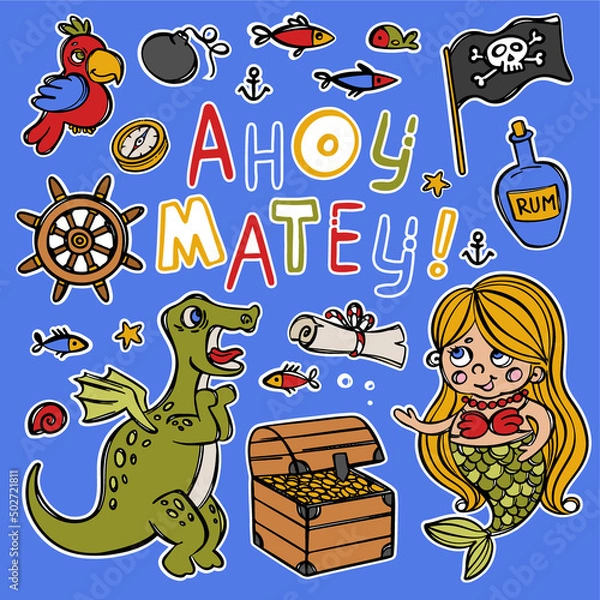 Obraz MERMAID AND DINO Travel Sea Hand Drawn Attributes Cartoon Skull Flag And Rum Bottle Golden Coins Treasure Text Stickers Clipart Objects Vector Illustration Set
