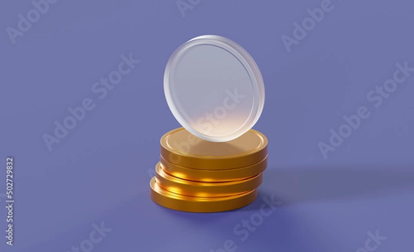 Fototapeta Golden stack of coins with a glass coin on top on an isolated background 3d render