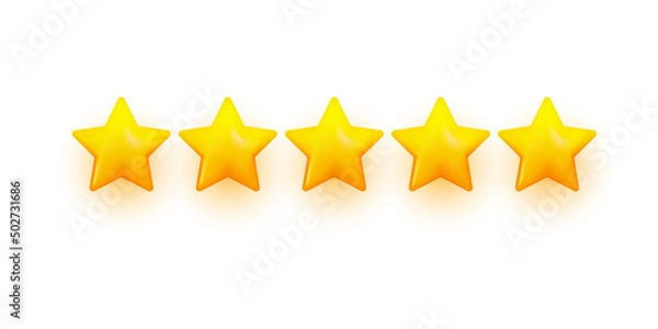 Fototapeta Five stars, glossy yellow color. Realistic 3d design of the object. Vector illustration