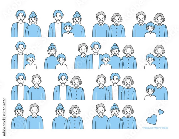 Fototapeta 様々な家族のかたちのイラスト. 親子や夫婦, 一人親の組み合わせ. 結婚と離婚. 子育てと介護.