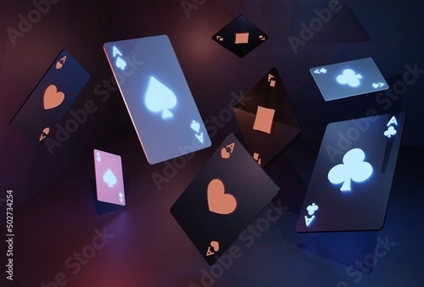 Fototapeta Glowing casino cards game on dark black background - 3d render. Flying cards for online casinos and mobile gambling applications, poker - winner, wealth concept.