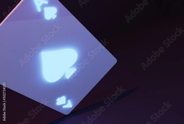 Fototapeta Glowing casino cards game on dark black background - 3d render. Flying cards for online casinos and mobile gambling applications, poker - winner, wealth concept.