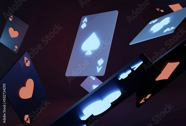 Fototapeta Glowing casino cards game on dark black background - 3d render. Flying cards for online casinos and mobile gambling applications, poker - winner, wealth concept.