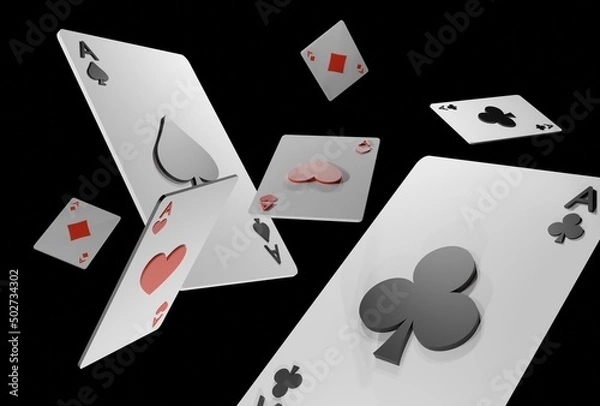 Fototapeta Glowing casino cards game on dark black background - 3d render. Flying cards for online casinos and mobile gambling applications, poker - winner, wealth concept.