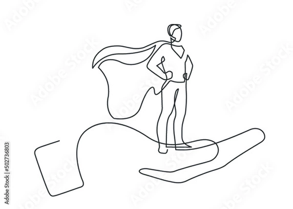Fototapeta Continuous line drawing of hand holding a super human. Vector illustration.