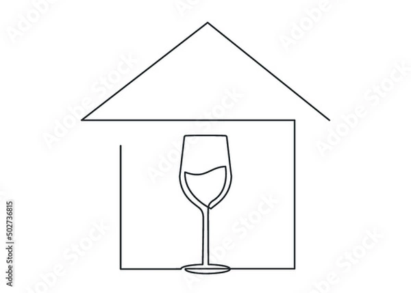 Fototapeta Continuous one line drawing of wine glass inside house. Vector illustration