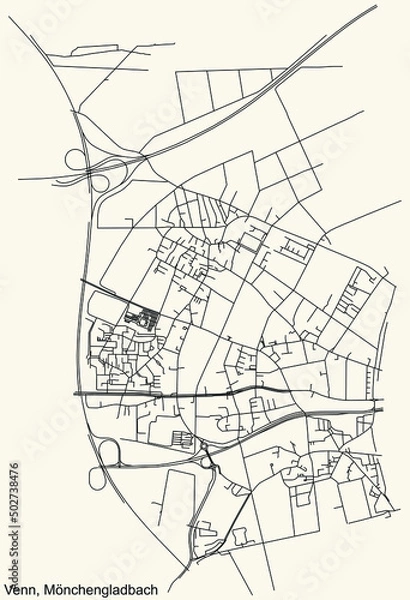 Fototapeta Detailed navigation black lines urban street roads map of the VENN DISTRICT of the German regional capital city of Mönchengladbach, Germany on vintage beige background