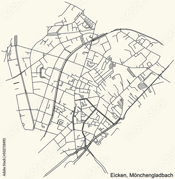 Fototapeta Detailed navigation black lines urban street roads map of the EICKEN DISTRICT of the German regional capital city of Mönchengladbach, Germany on vintage beige background