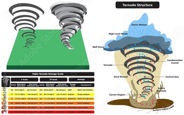 Fototapeta Tornado vector drawing scale and structure infographic diagram parts fujita damage rating spiral wind speed consequences natural disaster illustration bad weather concept major adverse event