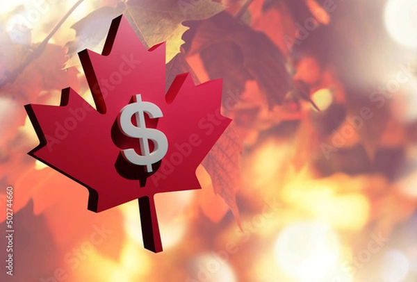 Fototapeta Beautiful Floating Maple Leaf and Canada Dollar sign, 3D rendering, 3D illustration