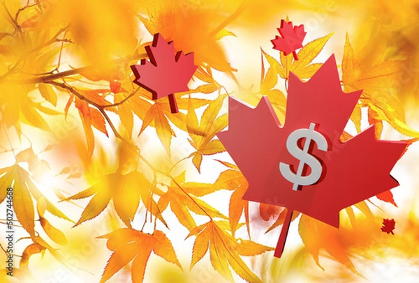 Fototapeta Beautiful Floating Maple Leaf and Canada Dollar sign, 3D rendering, 3D illustration