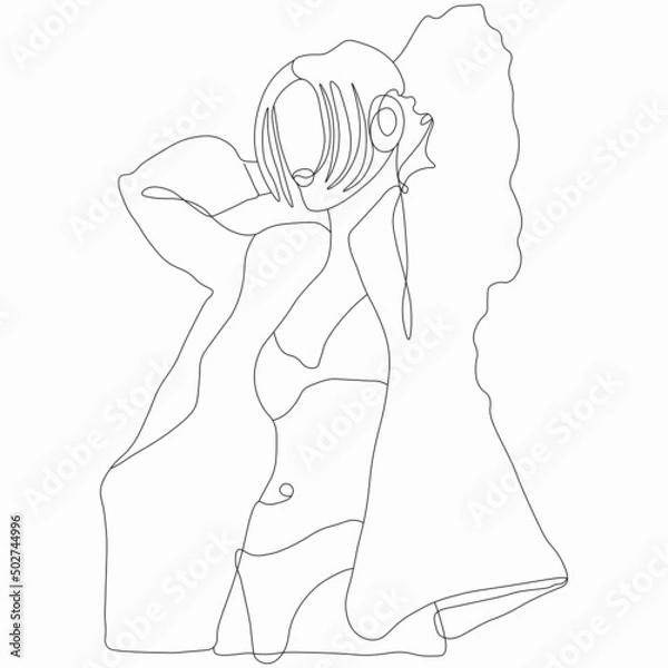 Obraz Fashion girl posing. Street style. Nice vector flat line art illustration. Vector element for decoration in the style of minimalism. Fashion model. Imitation of drawing by one line. Trendy look