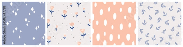 Fototapeta Seamless pattern with flowers, twigs and abstract elements. Vector backgrounds with hand drawn plants, drops, abstract shapes. Creative texture for fabric, textile