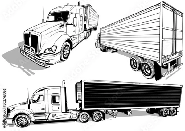 Fototapeta Set of Drawings of an American Truck with a Trailer - Black Illustrations Isolated on White Background, Vector