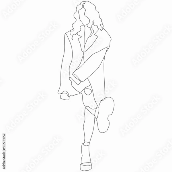 Fototapeta Fashion girl posing. Street style. Nice vector flat line art illustration. Vector element for decoration in the style of minimalism. Fashion model. Imitation of drawing by one line. Trendy look