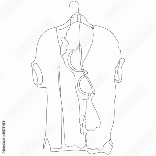 Fototapeta Beauty and care. Fashion look. Collection of clothes. T-shirt and bra.Vector flat line art illustration. Vector element for decoration in the style of minimalism. Imitation of drawing by one line