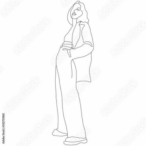 Fototapeta Fashion girl posing. Street style. Nice vector flat line art illustration. Vector element for decoration in the style of minimalism. Fashion model. Imitation of drawing by one line. Trendy look