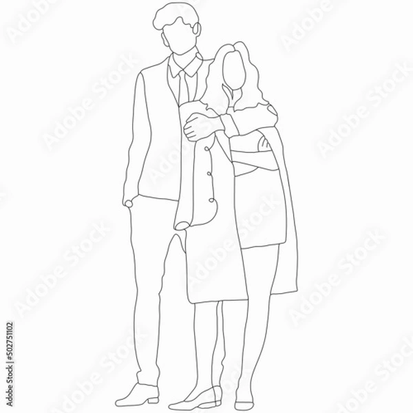 Obraz Young fashion couple. Happy Valentine's Day. Nice vector flat line art illustration. Vector element for decor for Valentine's Day. Lovers, romance, kiss. Cover models. Imitation of drawing by one line