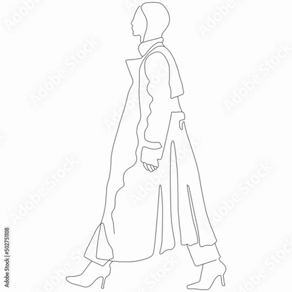 Fototapeta Fashion girl posing. Street style. Nice vector flat line art illustration. Vector element for decoration in the style of minimalism. Fashion model. Imitation of drawing by one line. Trendy look