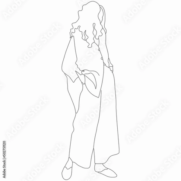 Fototapeta Fashion girl posing. Street style. Nice vector flat line art illustration. Vector element for decoration in the style of minimalism. Fashion model. Imitation of drawing by one line. Trendy look