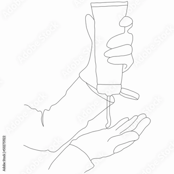 Fototapeta Beauty and care. Silhouette of hands in gloves that hold cream or hair dye. Nice vector flat line art illustration. Vector element for decoration in the style of minimalism. One line