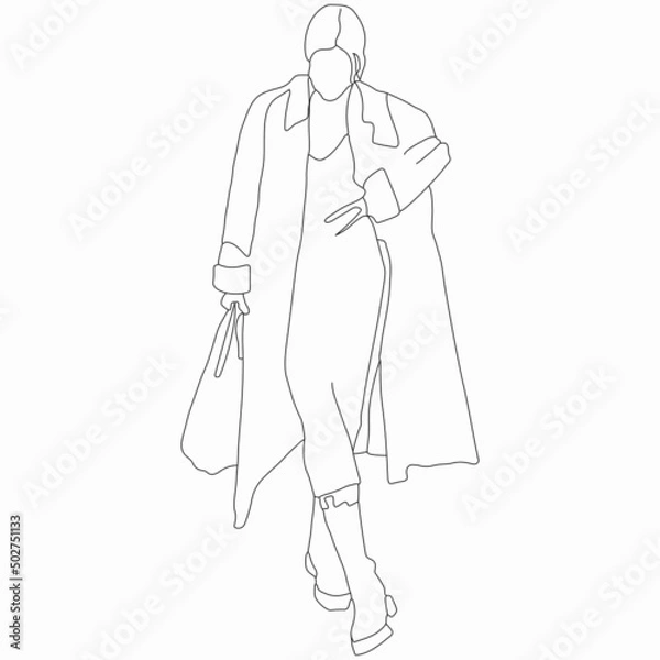 Fototapeta Fashion girl posing. Street style. Nice vector flat line art illustration. Vector element for decoration in the style of minimalism. Fashion model. Imitation of drawing by one line. Trendy look