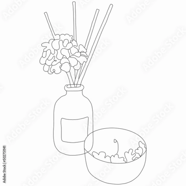 Fototapeta Beauty and fashion. Home diffuser and scented candle with flower petals. Vector flat line art illustration. Vector element for decoration in the style of minimalism. Imitation of drawing by one line
