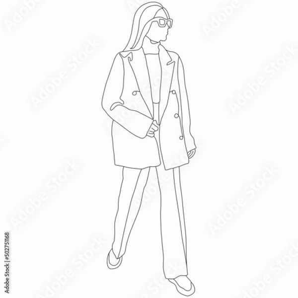 Fototapeta Fashion girl posing. Street style. Nice vector flat line art illustration. Vector element for decoration in the style of minimalism. Fashion model. Imitation of drawing by one line. Trendy look