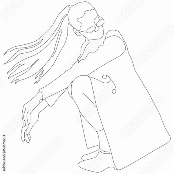 Fototapeta Fashionable girl posing for a magazine. Nice vector flat line art illustration. Vector element for decoration in the style of minimalism. Fashion model. Imitation of drawing by one line. Trendy look
