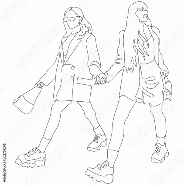 Obraz Young fashion couple. Street style. Happy Valentine's Day. LGBTQ+. Nice vector flat line art illustration. Vector element for decor. Lovers, romance. Cover models. Imitation of drawing by one line