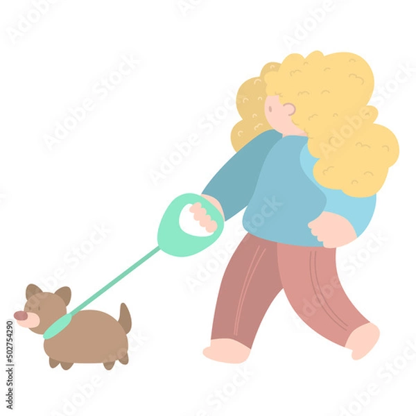 Fototapeta Woman walking with dog in spring. Outdoor activity concept. Vector illustration in flat style, concept illustration for healthy lifestyle, sport, exercising.