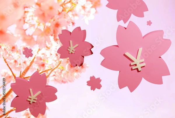 Fototapeta Beautiful Floating Japanese yen coins on sakura, 3D rendering, 3D illustration