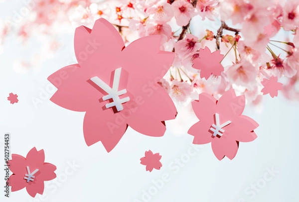 Fototapeta Beautiful Floating Japanese yen coins on sakura, 3D rendering, 3D illustration