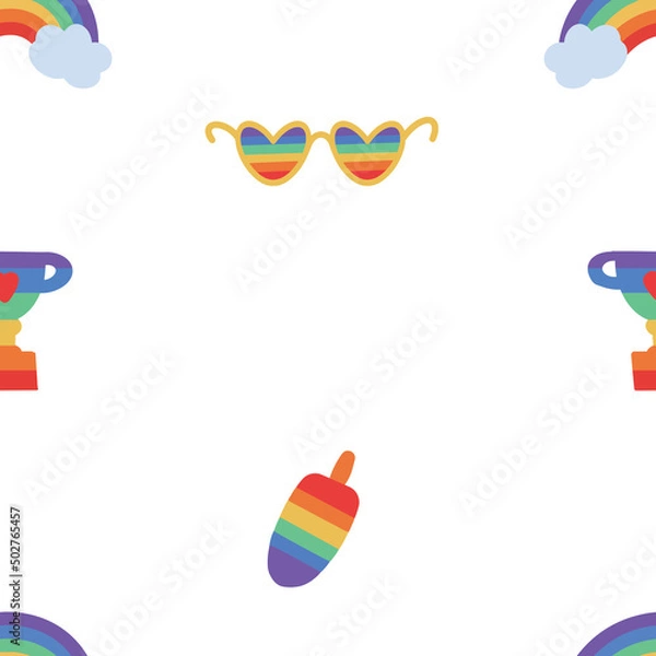 Fototapeta Seamless pattern with rainbows, glasses, ice cream and goblet in rainbow colors. LGBT. Pride month