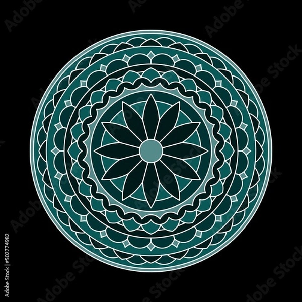 Fototapeta Round mandala in dark colours with beautiful floral pattern. Vector design isolated on black background.