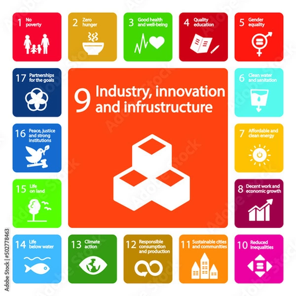 Obraz Sustainable Development Goals, Agenda 2030. Industry, Innovation and Infrastructure - Goal 9. Isolated icons. Vector illustration EPS 10