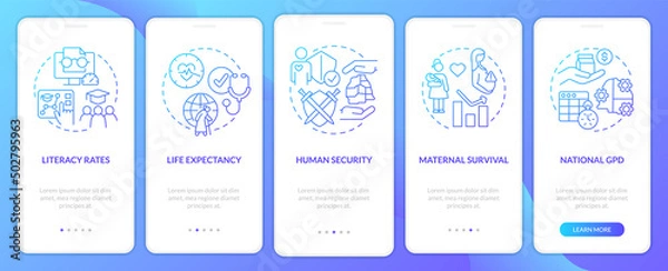 Fototapeta Measures of human development blue gradient onboarding mobile app screen. Walkthrough 5 steps graphic instructions pages with linear concepts. UI, UX, GUI template. Myriad Pro-Bold, Regular fonts used